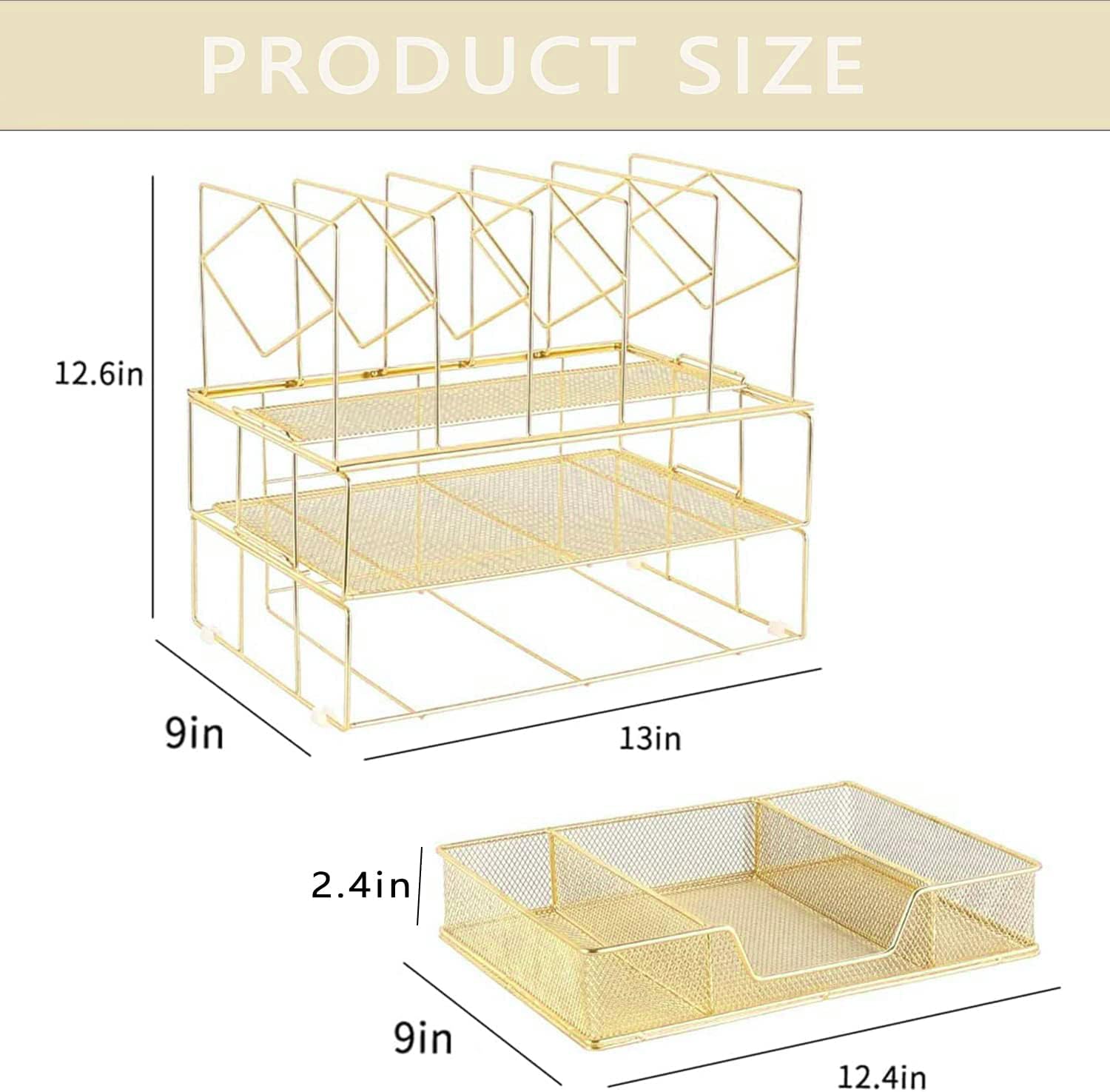 Youbetia Desk Organizers and Accessories - Double Tray and 5 Upright Sections, Office Supplies Desk Organizer with Drawer, File Office Organization with Binder Clips, Gold - Image 5